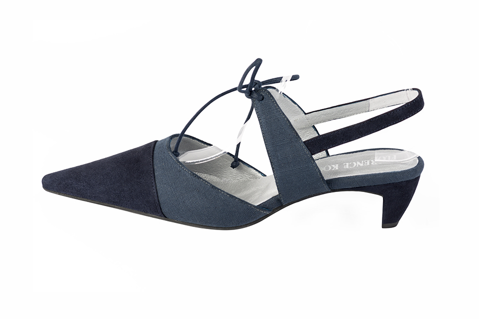 Navy blue women's open back shoes, with an instep strap. Pointed toe. Low comma heels. Profile view - Florence KOOIJMAN